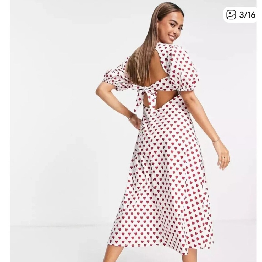 White Midi Dress with Red Heart Pattern